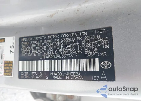 2008 Toyota Prius из США, поврежденный, VIN JTDKB20U983337617
